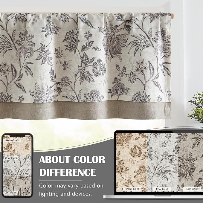 jinchan Floral Valance Curtain Linen Kitchen Valance for Windows 16 Inch Farmhouse Light Filtering Gray Floral Short Window Treatment for Living Room 1 Panel Rod Pocket Double Layer Grey on Beige
