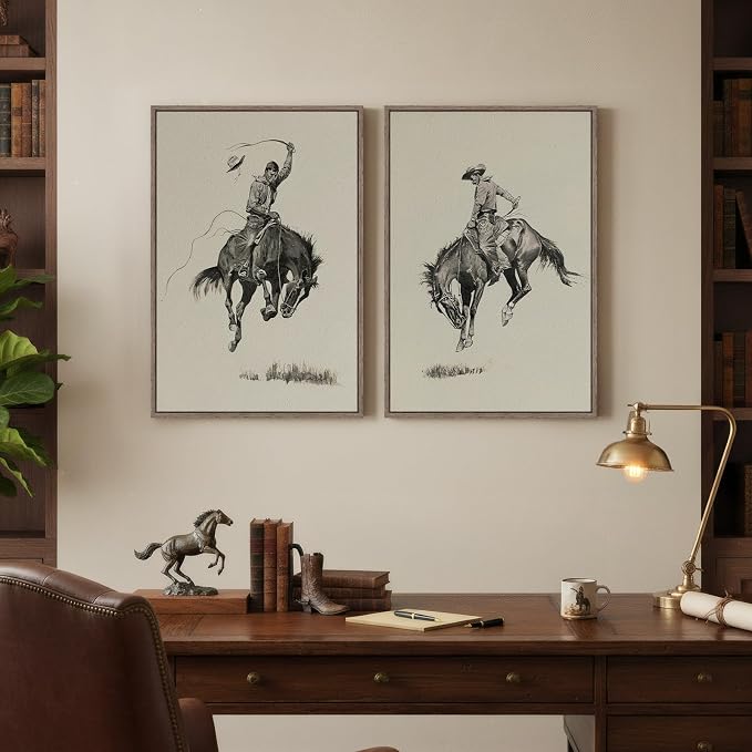 Framed Large Western Cowboy Wall Art for Living Room, 2 Piece Vintage Farmhouse Canvas Prints Paintings, Sketch Style Southwestern Country Picture Artwork for Bedroom Hallways Wall Decor, 16x24 Inch