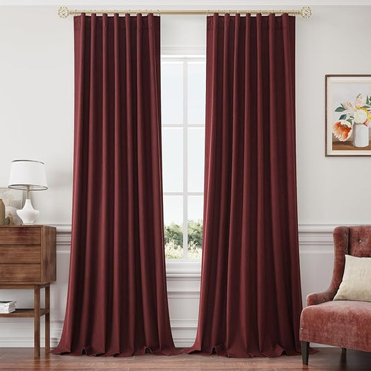 Joywell 100% Blackout Linen Curtains 102 Inch Long for Large Bedroom Window 2 Panels Set Black Out Curtain Noise Cancelling Drapes for Living Room Back Tab Hook Belt 52 x 102,Burgundy
