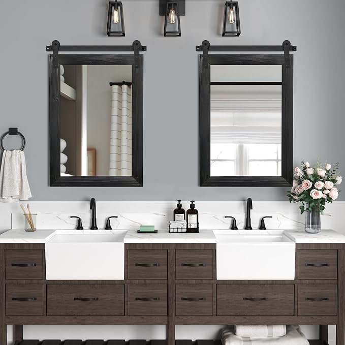 COGOOD Bathroom Mirrors for Over Sink - 22 x 30 Farmhouse Barn Door Wall Mirror for Bathroom, Living Room, Entryway Wall Decor Black