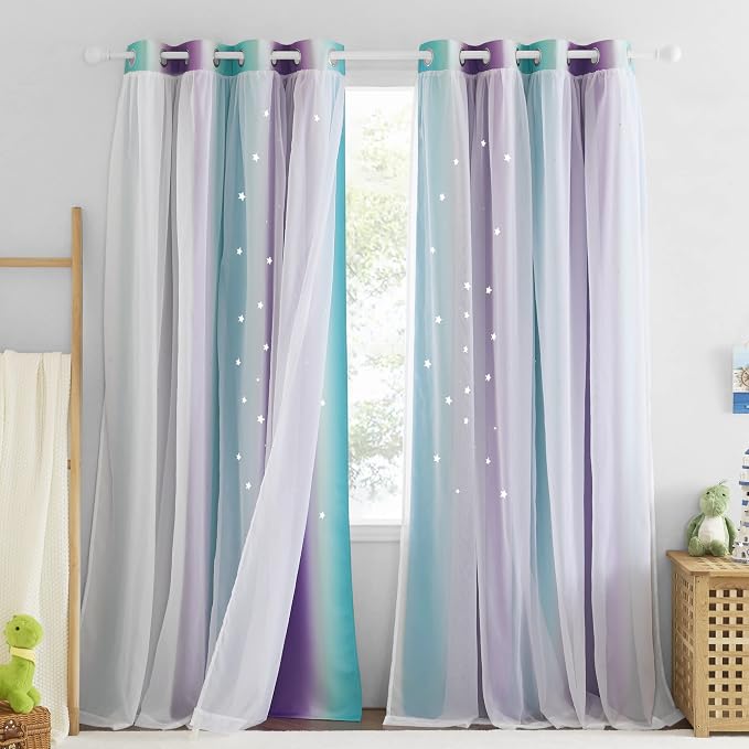 NICETOWN Blackout Curtains for Bedroom - Grommet Top Double Layered Curtains with Sheer Elegance Drapery Living Room Curtains Mix and Match for Kids Nursery (Set of 2, 52 x 95 inch, Teal & Purple)