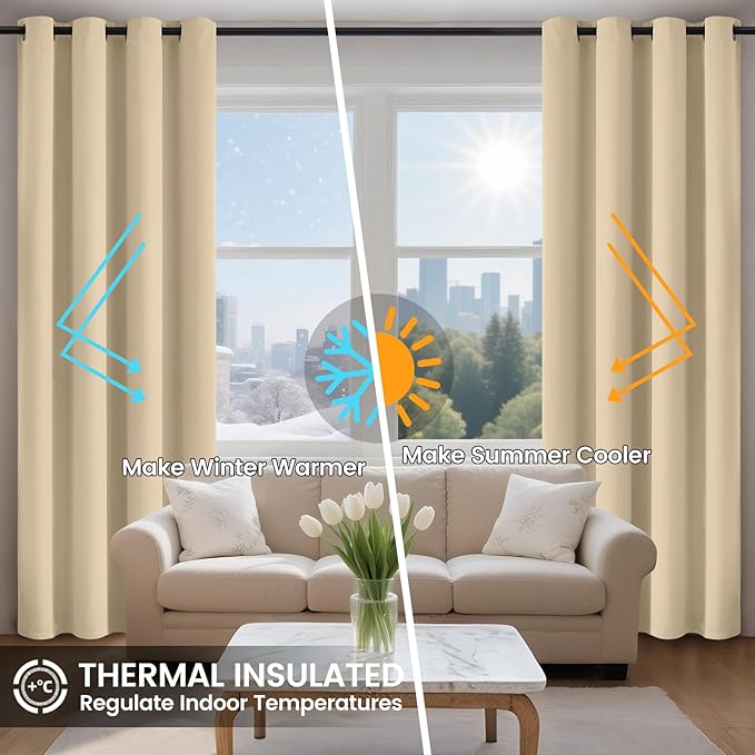 COSVIYA 100% Beige Blackout Curtains for Bedroom Kids Room 63 Inches Length 2 Panels Set, Full Light Blocking Thermal Insulated Grommet Nursery Window Treatment Drapes with Black Liner,W52 x L63