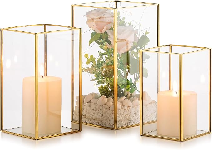 Nuptio Glass Hurricane Candle Holder Set of 3 Gold Pillar Candle Holders Large Rectangular Candleholder Table Centerpieces Decoration for Wedding Christmas Holiday Home Ornaments 9.5 & 8.1 & 6.5 inch | Large Rectangular Candleholder Table Centerpieces ...