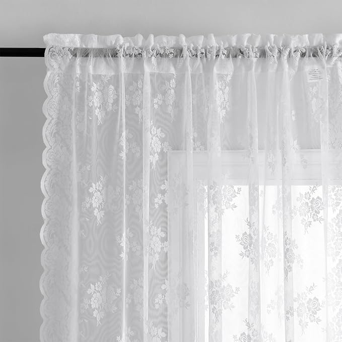 Kotile White Lace Curtains 63 Inch Length 2 Panels, Country Rustic Floral Design Sheer Lace Curtains for Bedroom, Rod Pocket Vintage Privacy Lace Window Panel Set, 42 x 63 Inch Each, White