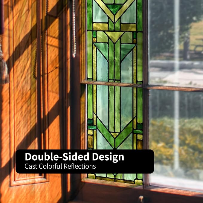 Faux Stained Glass Effect Transparent Window Film, Original Hand Drawn Static Cling for Sidelight Door Glass Decor Inspired by Frank Lloyd Wright, 11.02" x55.12" Martin House, Green