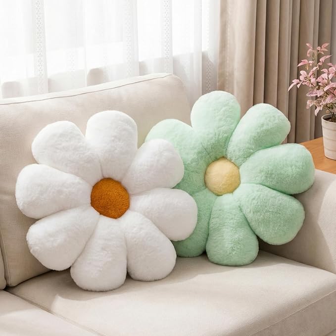2pcs Flower Pillow, Green White Daisy Flower Throw Pillows Set, Cute Preppy Room Decor Aesthetic Decorative Throw Pillows Floor Cushions for Girls Bedroom Bed Sofa Chair Decor (Green & White)