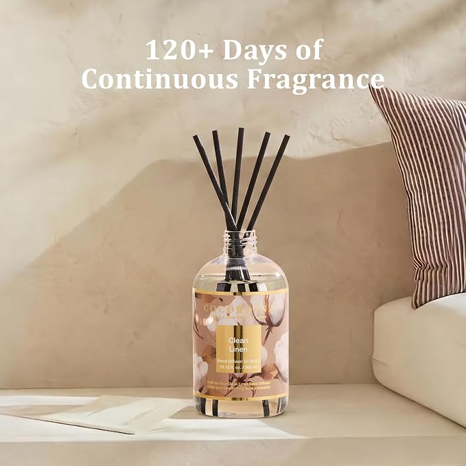 Cocorrína Reed Diffuser Refill Clean Linen 10.14oz (300ml) with 8 Sticks - Premium Long-Lasting Floral Essential Oil, Home Fragrance for Bedroom, Bathroom Home Decor