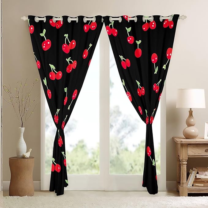 Girls Red Cherry Window Curtains, Kawaii Blackout for Kids Boys Adult Women, Cartoon Fruit Drapes 2 Panels, Cute Cherry for Bedroom Living Room Decor, 42"Wx63"L, Black Red