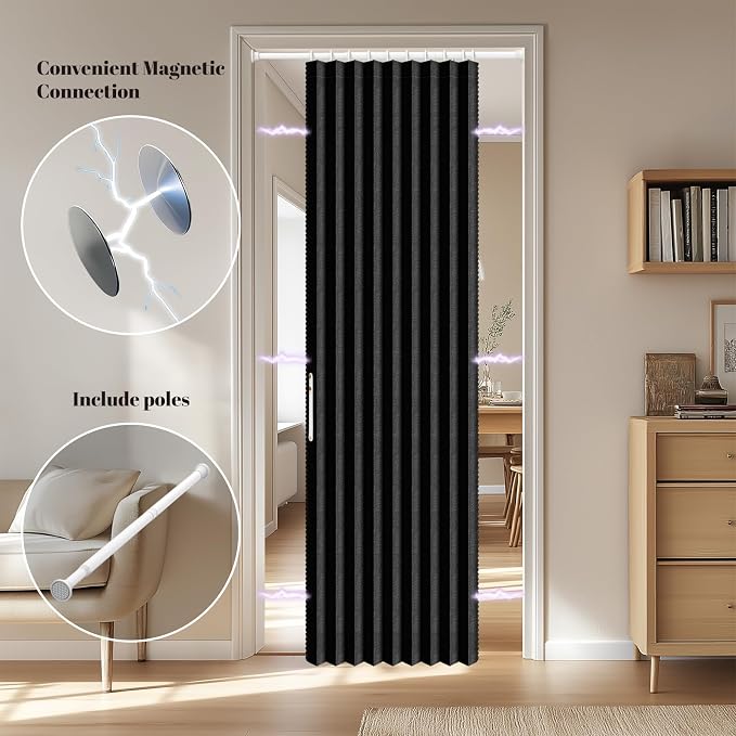 AJAZZ Blackout Accordion Door Invisible Accordion Doors Interior Magnetic Door Curtain for Bedroom Living Room Doorway Curtain Sets Included Rod (1 Pack, 43W x 78 L, Black)