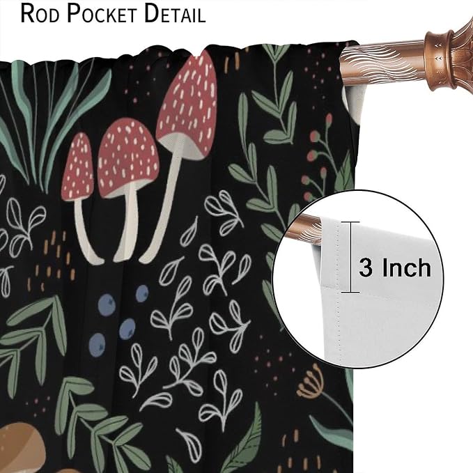 Mushroom Curtains, Cartoon Green Leaves Mushroom Wildflower Plant Botanical Boho Herb Nature Garden Print Blackout Window Drapes for Living Room Kids Bedroom 55x63in