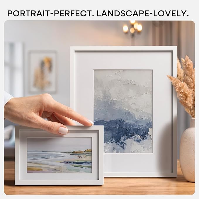 Homeforia 8x12 Picture Frame White, High End Metal 8 x 12 Poster Frames with Mat 6 by 8 for Photo, 12x8 Frame Matted to 6x8 inch Print, 8by12 Wall or Tabletop Frame, Tempered Glass, Wall Kit, Set of 2
