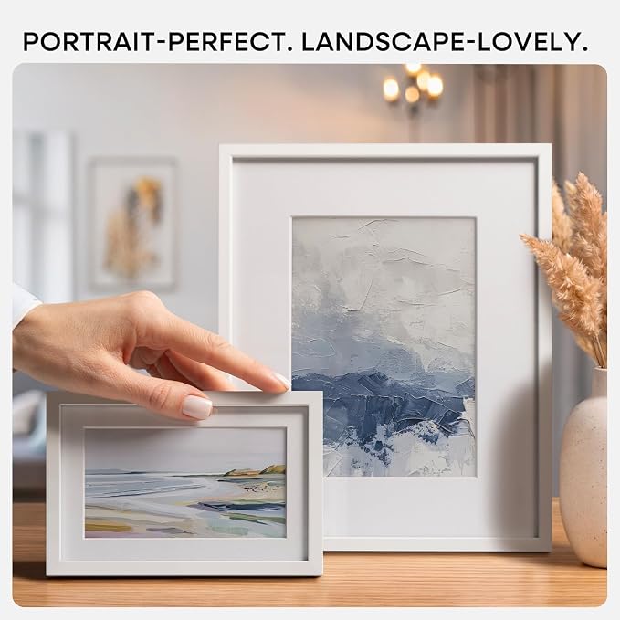 Homeforia A4 Picture Frame White, High End Metal 8.3 x 11.7 Frames for Wall, A4 Photo Frame with Mat for A5 inch Print, 8.25 by 11.75 White Poster Frames, 8.3x11.7 Frame with Glass, Wall Kit, Set of 2