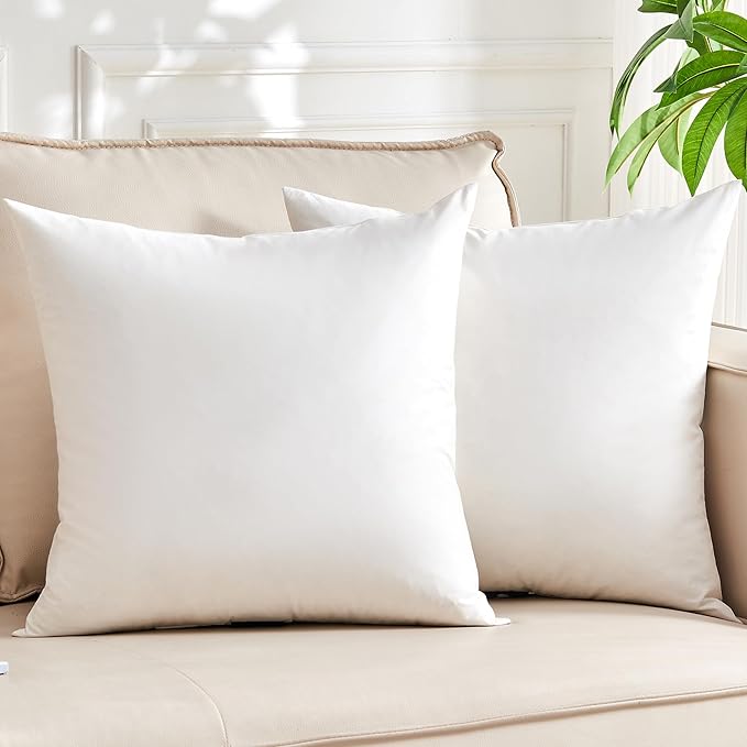 Organic Feather Down Throw Pillow Inserts (22x22 Inch, Set of 2) - 100% Cotton Shell, Filling of Feathers, Square Decorative Pillow Form Core for Couch, Sofa, and Bed