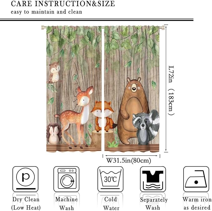 Forest Animal Kids Curtains, Wild Rustic Bear Fox Deer Children Cartoon Window Treatments for Living Room, Watercolor Navy Blackout Drapes 2 Panel Sets,63x72 Inch