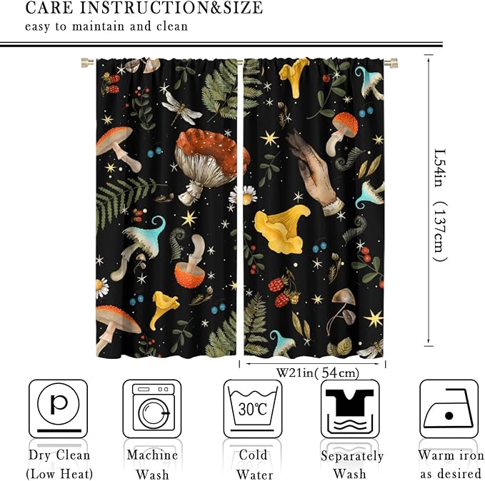 Retro Mushroom Curtains, Boho Rustic Vintage Botanical Mushroom Gothic Witch Wildflower Plant Print Blackout Window Treatments for Living Room Bedroom Kitchen 42x54 Inch