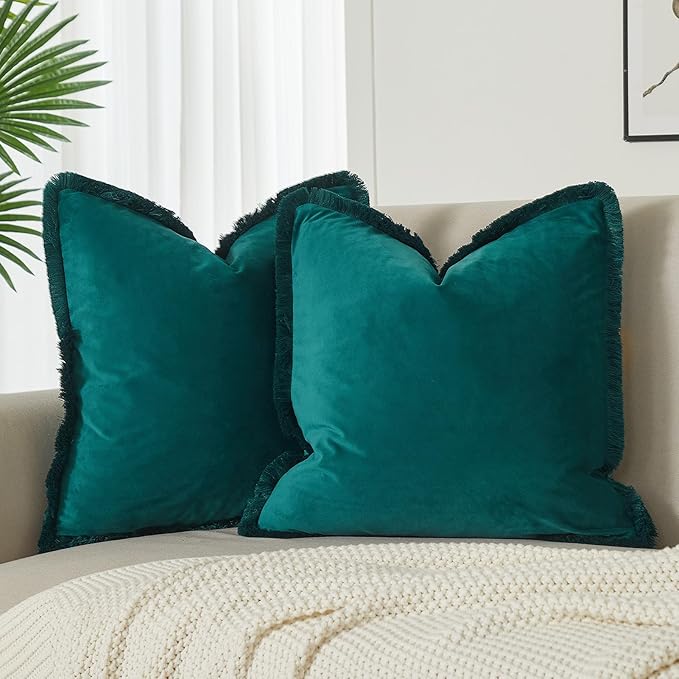JUSPURBET Peacock Blue Velvet Throw Pillow Covers 24x24 Inch Set of 2 with Soft Tassel Fringe Luxury Boho Pillowcase for Sofa Couch Bed Home Decor Machine Washable