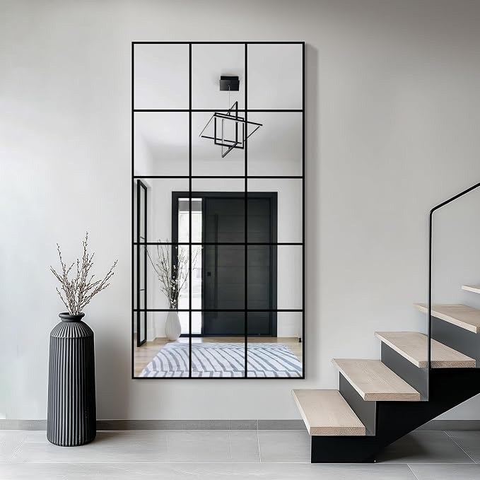 Large Window Pane Full Length Mirror for Wall, 28"x55" Black Rectangular Wall Mirror for Living Room, Bedroom, Entryway, Hanging or Leaning