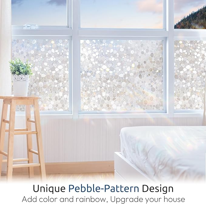 rabbitgoo Window Privacy Film, Decorative Rainbow Window Clings for Glass Covering, Static Cling Non Adhesive Door Stickers UV Blocking, Stained Glass Vinyl Decal, 3D Pebble, 17.5 x 118.1 inches