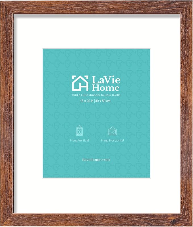 LaVie Home 16x20 Picture Frame Brown Poster Frame,Display Pictures 11x14 with Mat or 16x20 Without Mat, Stable and Sturdy Frame and Polished Plexiglass, Horizontal and Vertical Format of The Walls