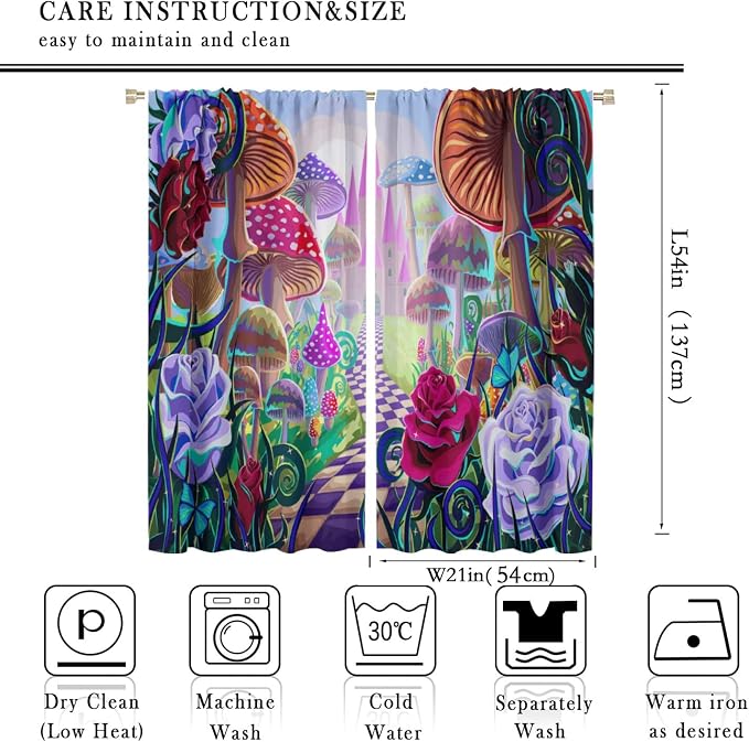 Fantasy Mushroom Curtains,Fairytale Forest Plant Castle Print Window Treatments for Bedroom Living Room Kitchen Colorful Cartoon Floral Window Drapes 2 Panels Set,Total Size42 x 54 Inch