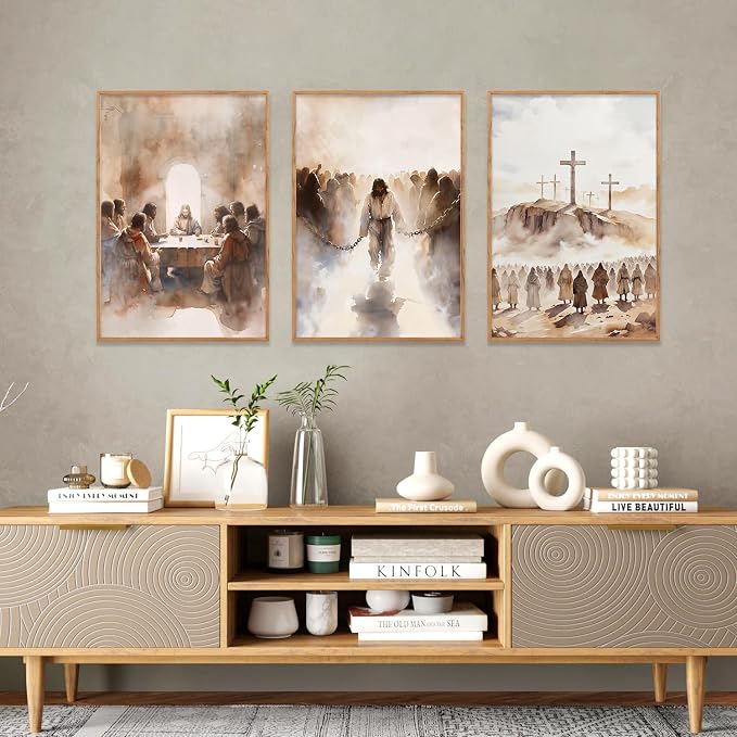 LHIUEM Large Jesus Neutral Framed Canvas Wall Art Set,Christ Church Wall Decor,Christian Bible Story Religious Easter Last Supper Artwork for Living Room,Churches,Prayer Room Decor- 16''x24''x3