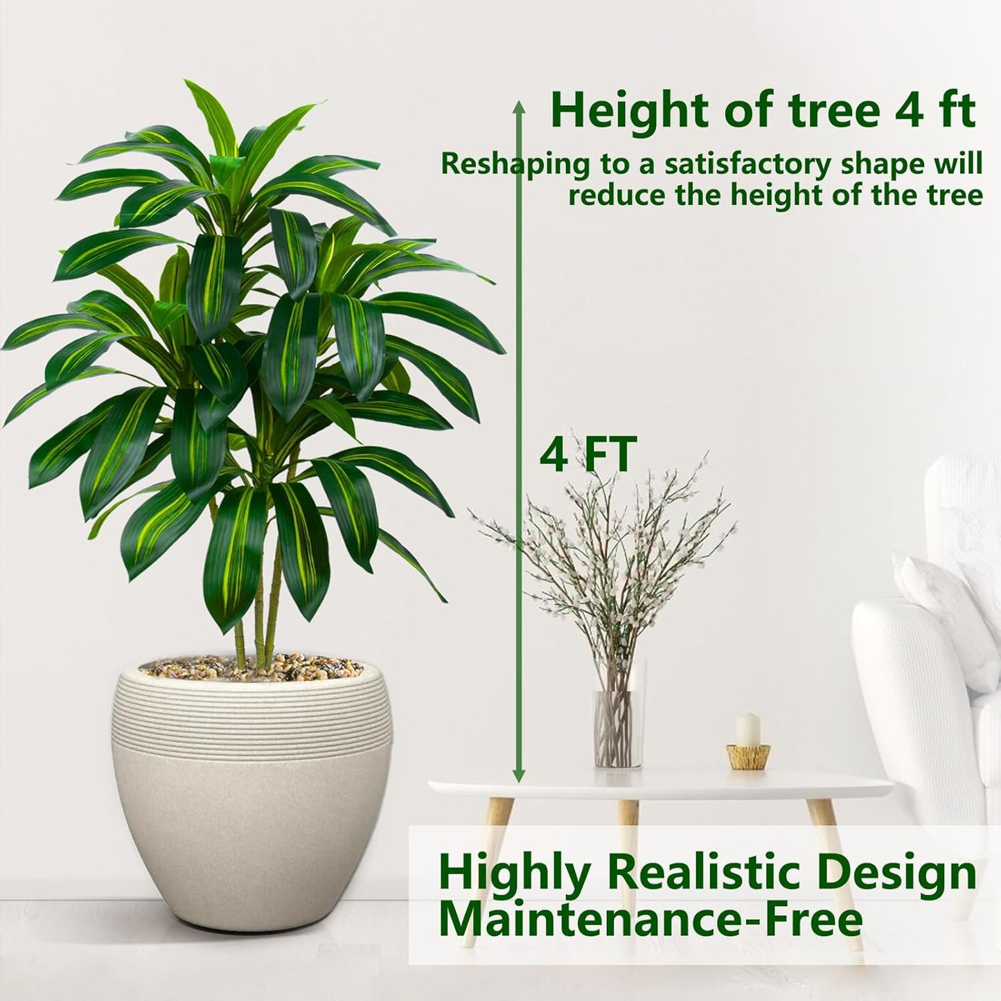 Artificial Dracaena Tree Artificial Silk Tree Faux Tree with White Tall Planter Fake Tropical Yucca Floor Plant (1, White Planter, 4 FT)