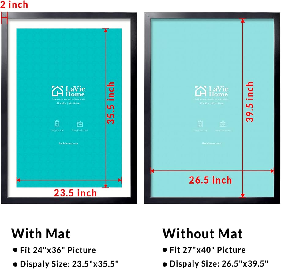 LaVie Home 27 x 40 Poster Frame Black（1 Pack）, Display Pictures 24x36 with Mat or 27x40 Without Mat, 2 Inch Wood Profile, Stable and Sturdy Picture Frame with Polished Plexiglass