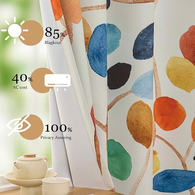 Boho Colorful Leaf Floral Blackout Curtains, Watercolor Bohemian Flower Print Window Drapes, Living Room Bedroom Decor 2 Panels 52x63 Inch