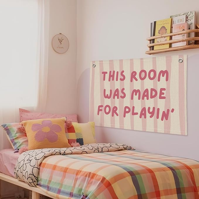 Playroom Decor Wall Banner "This Room Was Made For Playin'" 20x30 Inch - Nursery Canvas Art, Kids Bedroom Hanging, Linen Toddler Play Area Sign, Children's Canvas Flag Decor - Pink