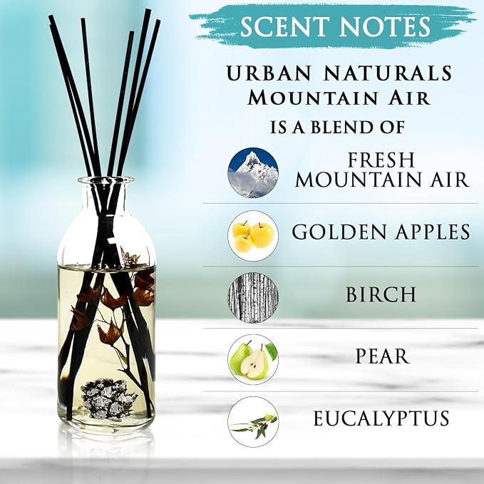 Urban Naturals Reed Diffuser Set, Mountain Air - Bathroom Shelf Décor | Scented & Room Freshener, Golden Apples, Birch Wood, Fennel, Pear Eucalyptus, Mint & Aromatic Sage, Decorative Botanicals