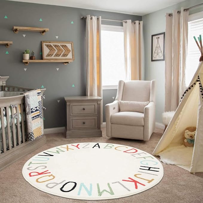 Topotdor Rainbow Round Kids Play Rug Alphabet Nursery Area Rug Extra Large Soft Crawling Play Mat for Children Toddlers Bedroom (96 inch, Multi Color)
