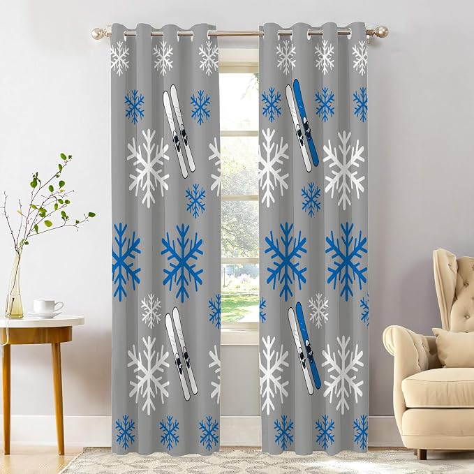 Shrahala Snowflakes Skis Thermal Insulated Blackout Window Curtains, Winter Sports Themed Pattern Long Drapes for Bedroom/Living Room with Plastic Grommet, 52X84 Set of 2