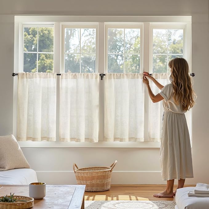 jinchan Tier Curtains 24 Inch for Small Window Linen Blend Cafe Curtains Farmhouse Rustic Half Window Drapes for Kitchen Living Room Bedroom Light Filtering Rod Pocket 2 Panels Neutral Crude