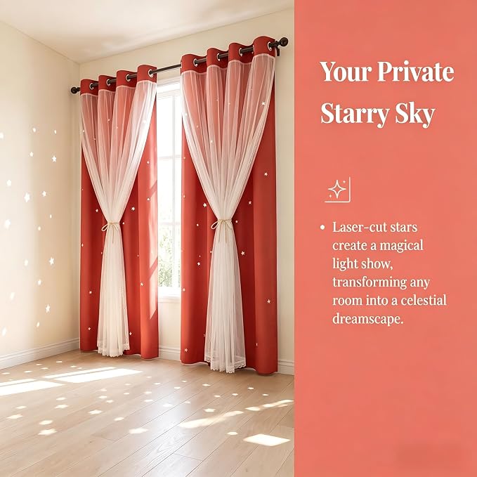 Princess Curtains for Girls Bedroom with Sheer Overlay,Double Layer Curtain for Living Room with Star Cutout, Curtains for Kids Room (52 W*95 L Inches,2 Pcs Coral)