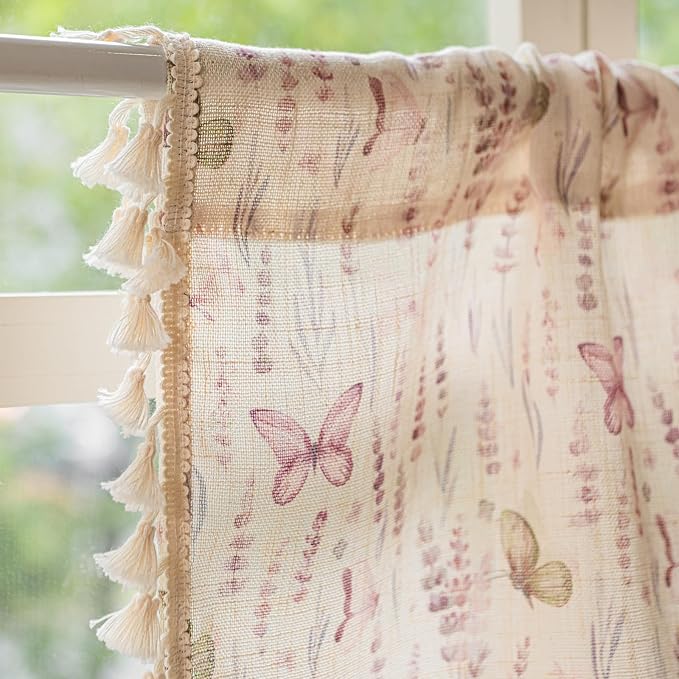 Deeprove Kitchen Curtain Valance Short for Window Bedroom Bathroom Garden Cafe Sink Closet Nursery Room, Lavender Purple Flower Butterfly Print Vintage Spring Summer Country, 1 Panel 52" W x 18" L