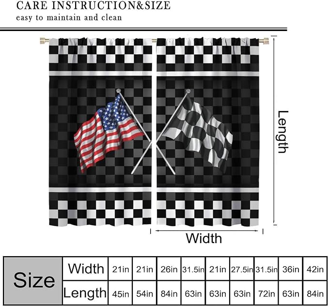 American Flag Window Curtain,Racing Car Black White Checkered Flag Abstract Sports Geometric Cloth Farbic Cafe Dining Room Office Living Room Kitchen Bedroom Drapes, 52x96 in