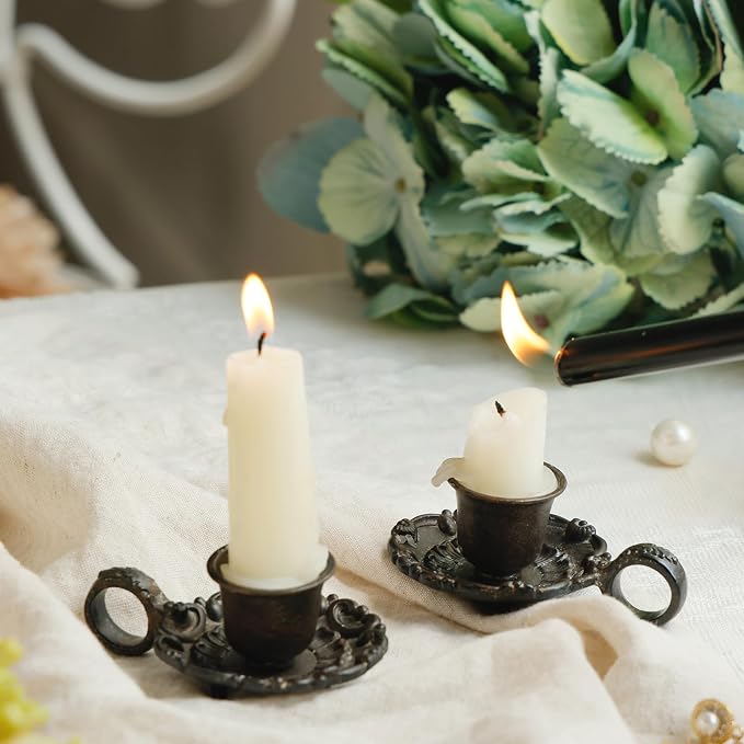 NIKKY HOME Vintage Small Brown Taper Candle Holders Set of 2, Handle Design | Old Fashioned Rustic Metal Candlestick Stand for Table Centerpieces, Dinners, Wedding, Mantel, Housewarming Gift