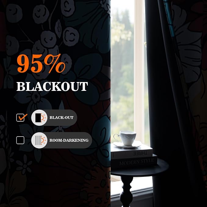 MYSKY HOME Boho Floral Blackout Curtains for Bedroom 63 inch Long Botanical Black Out Curtains for Living Room Grommet Thermal Insulated Room Darkening Window Drapes for Home Decor,2 Panels, 52"x63"
