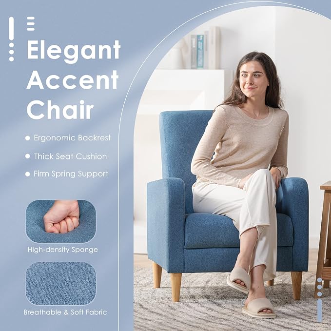 COLAMY Mid-Century Modern Accent Chairs Set of 2, Fabric Upholstered Living Room Chairs with Back Pillow & Solid Wood Legs, Comfy Armchair for Living Room, Bedroom, Single Sofa, Blue