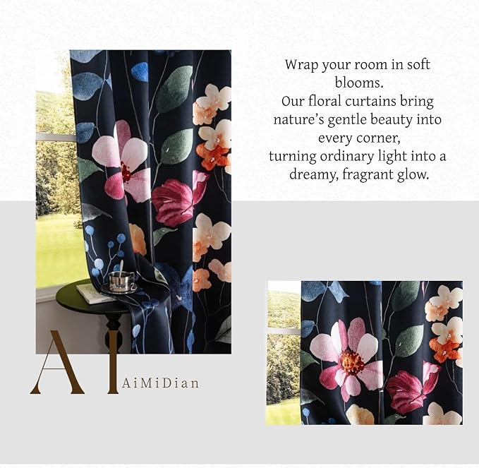 Floral Blackout Curtains 84 inches Long 2 Panels Set, Rustic Vintage Flowers Blossom Patterned Print Thermal Insulated Window Treatment Drapes Room Darkening for Bedroom Living Room 42x84 inch