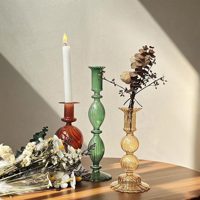 3pcs Glass Candlestick Holders Set of 3 for Decorations Vintage Ball Taper Candle Holder for Valentines Day Wedding Birthday Table Centerpiece