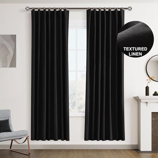 Joywell 100% Blackout Linen Curtains 72 Inches Long for Bedroom Black Out Curtain Light Blocking Drapes for Kitchen Office Window Back Tab Hook Belt 2 Panels Set,W52 x L72,Black