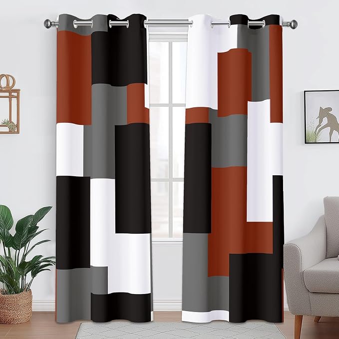 Tyrot Burnt Orange 100% Blackout Curtains for Bedroom 72 inch Length 2 Panels Set Grey Modern Abstract Geometric Fall Black Out Curtains Insulated Room Darkening Window Drapes for Living Room, 42Wx72L