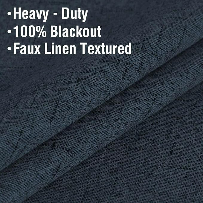 H.VERSAILTEX Primitive Linen Curtains 100% Blackout Curtain Drapes Burlap Fabric Curtains with White Thermal Insulated Liner, Grommet Top Drapes Living Room/Bedroom (2 Panels, 42 x 45 Inch, Navy)