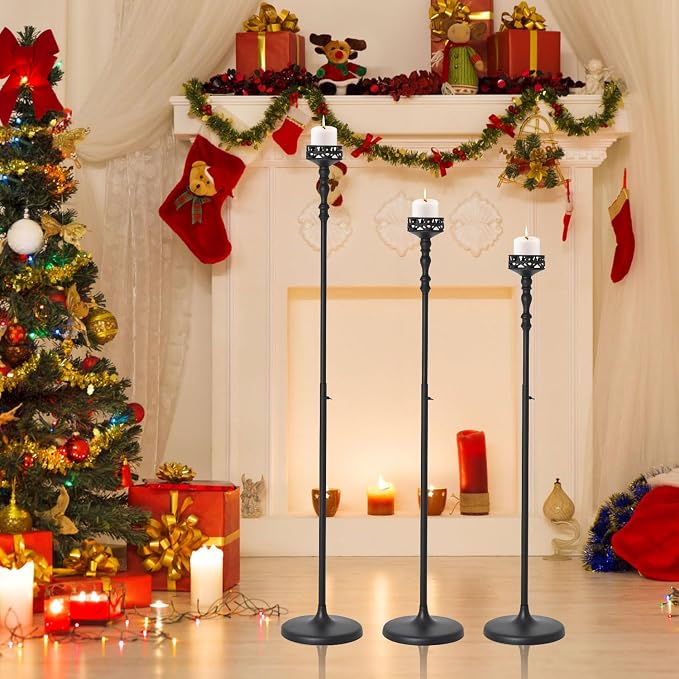 Metal Candlestick Floor Pillar Candleholder Tall Metal Candelabra Candlesticks Holder Black Floor Candle Holder Centerpieces for Wedding Thanksgiving Christmas Home Mantel Decor(9 Pcs)