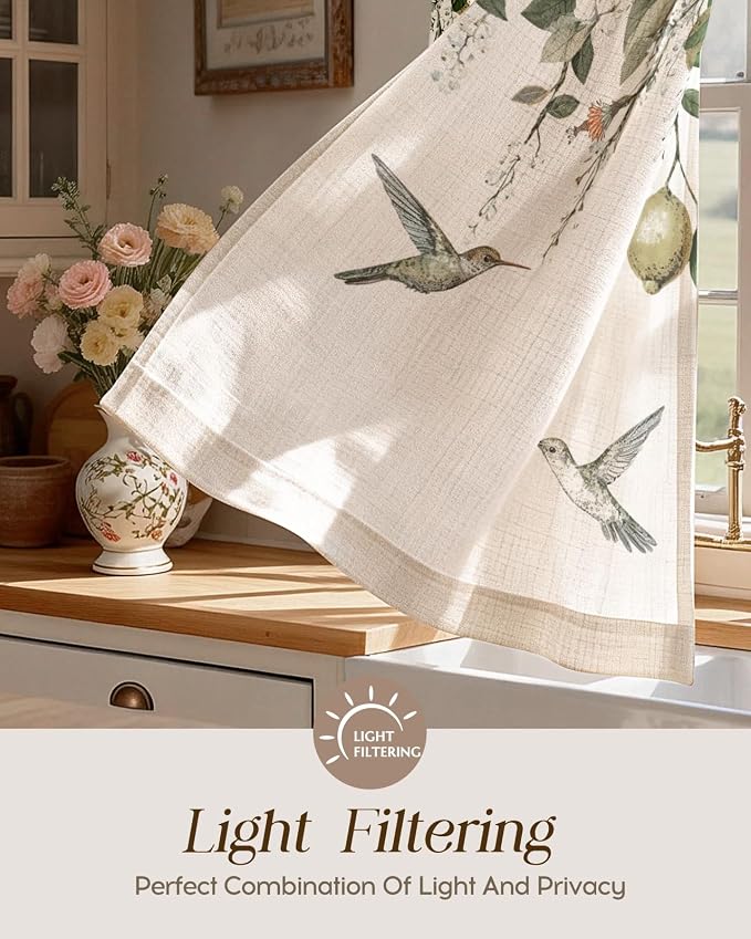Miss Adola Farmhouse Kitchen Tier Curtains - 18 Inch Length Linen Blend Vintage Cafe Curtains Lemon Bird Small Window Treatments Over Sink Rod Pocket for Bathroom Living Room Light Filtering, 2 Panels