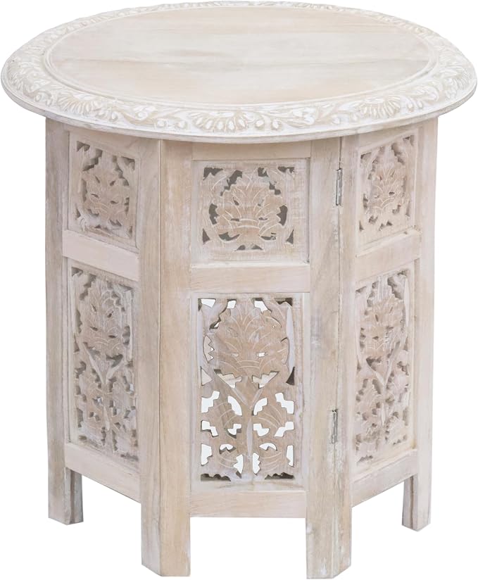 COTTON CRAFT Solid Wood End Table - Hand Carved Vintage Boho Folding Accent Side Table - Small Spaces - Entryway Farmhouse Living Room Bedside - No Tools Assembly - 18x18 Round - White Wash