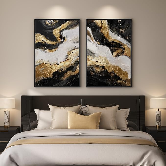 Framed Gold Abstract Wall Art Set of 2 for Living Room, Large Black White Modern Luxury Canvas Artwork for Walls, Contemporary Flow Marble Motifs Painting Print Wall Decor for Bedroom Office, 24x36 In