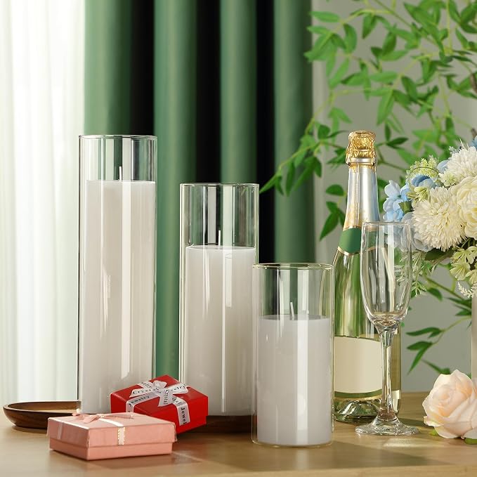 Shihanee Set of 6 Pillar Candles with Glass Cylinder Vases Clear Cylinder Hurricane Candleholders for Slim Tall Pillar Candles Wedding Table Centerpieces(3.4'' X 7", 9.8", 11.8",White)