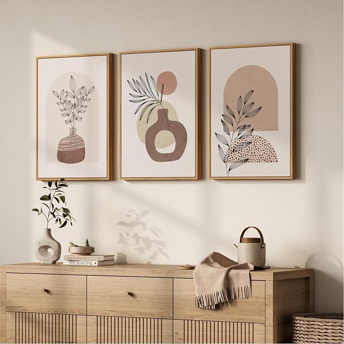 Framed Neutral Boho Wall Art Bedroom, 3 Piece Abstract Bohemian Brown Botanical Vase Canvas Artwork for Walls, Large Earth Tone Boho Pictures for Living Room Home Office Hallway Wall Decor, 16x24 Inch